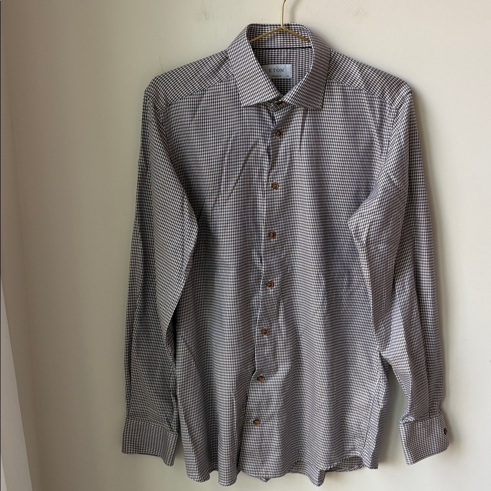 Eton Brown Herringbone Cotton Button Front Shirt Contemporary Fit Size 40/15 3/4